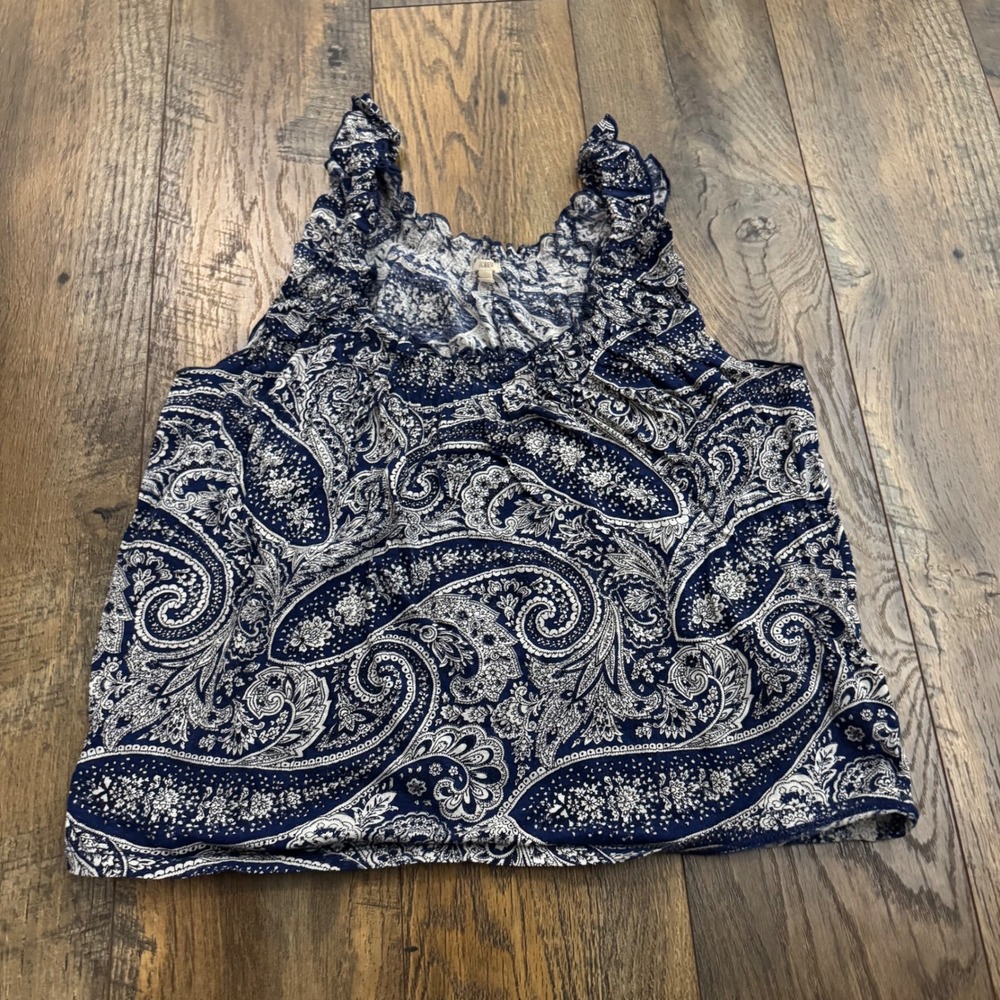 J.Crew Womens Blue White Paisley Ruffle Neck Sleeveless Cotton Top Medium Y2K
